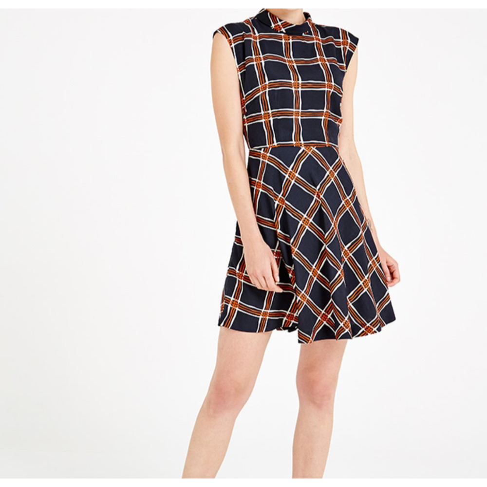 Louche Anthropologie XS Dress Windowpane Plaid Sleeveless Navy Blue Mini Preppy